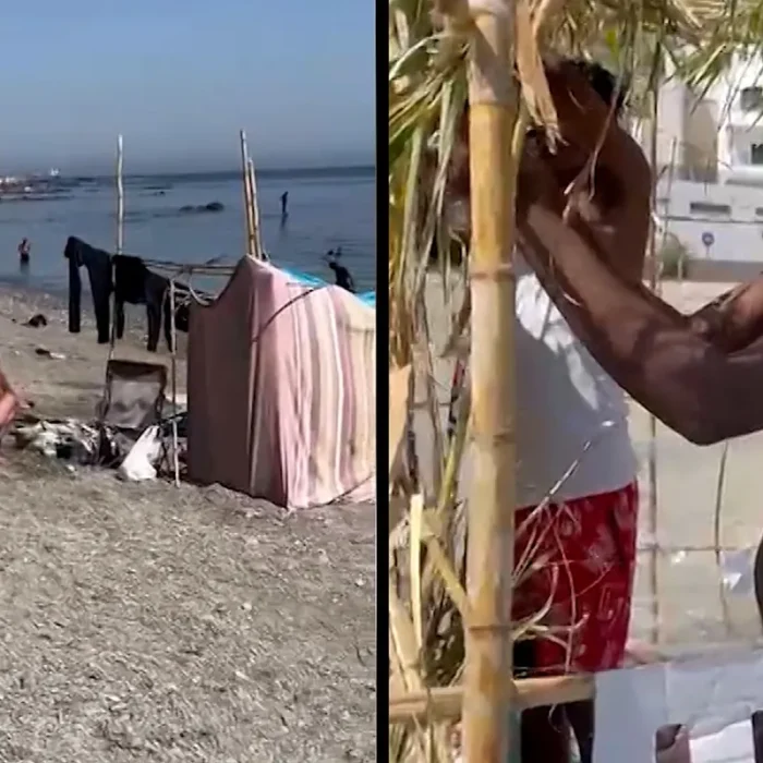 Los inmigrantes construyen chabolas en la playa del Trampolín de Ceuta, un campamento improvisado de 1.500 personas